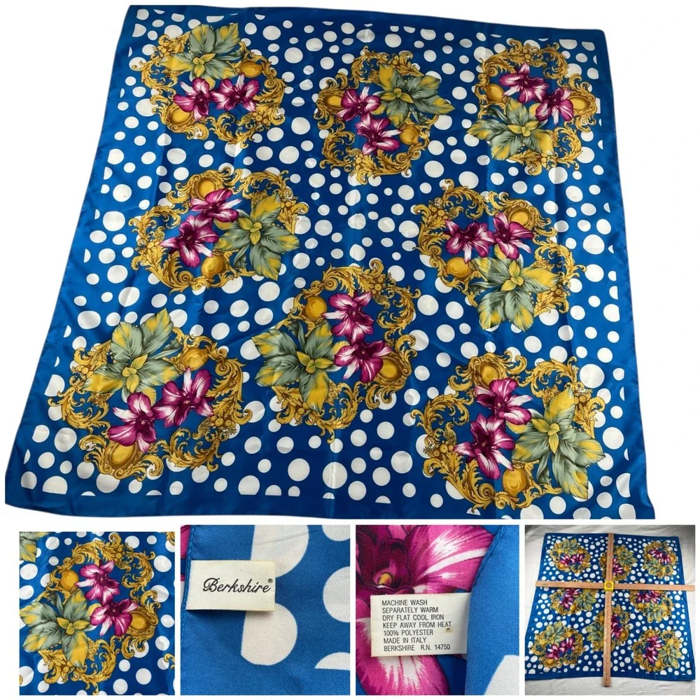 Berkshire‎ Blue Floral Polka Dot Scarf Wrap Made in Italy 33x33